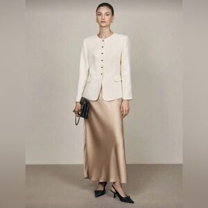 Elegant Cream Blazer and Tan Skirt Set